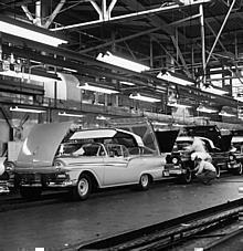 1957. The Fairlane 500 Skyliner, a retractable hardtop, shown coming down the DAP assembly line. 